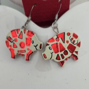 Cute Whimsical Pig Earrings with Red Metallic Accents